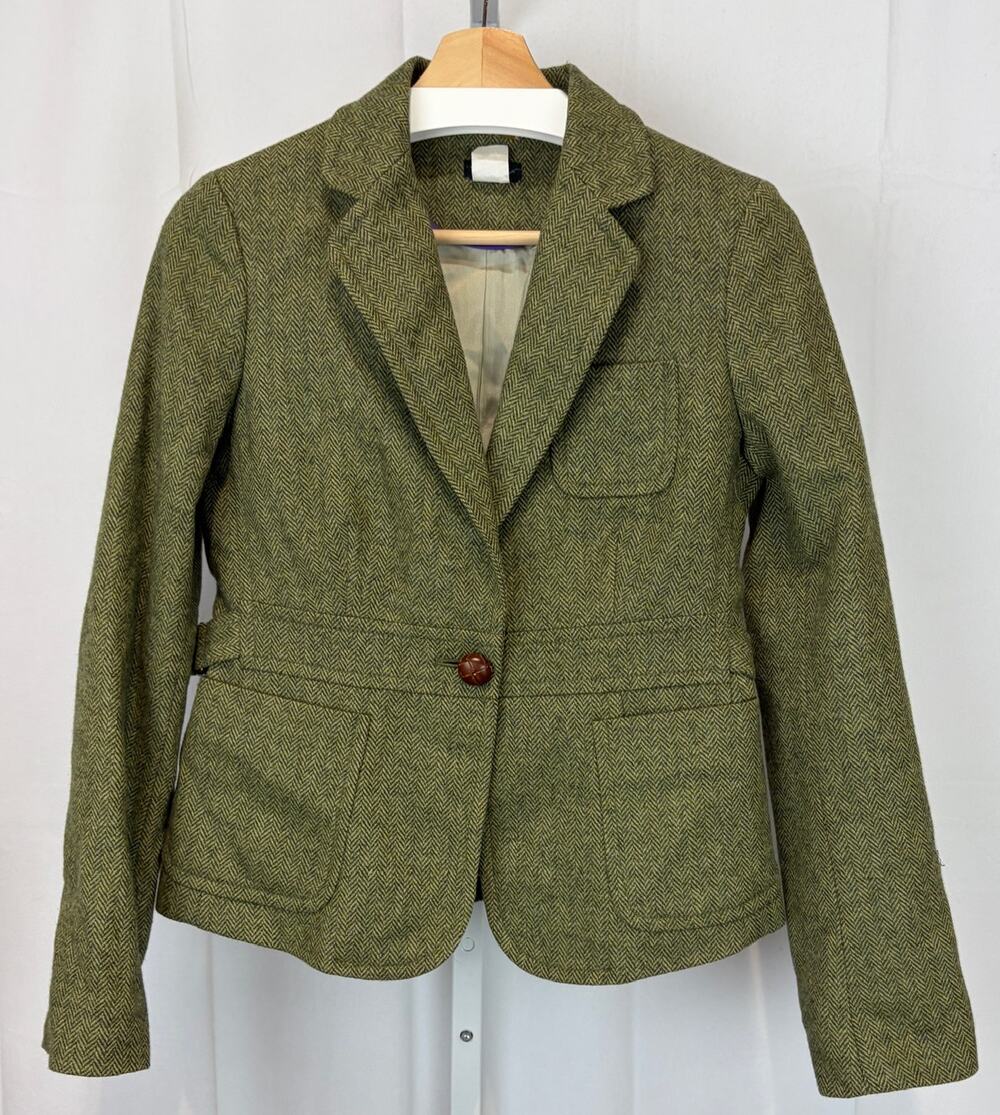 J.CREW Wool Herringbone Tweed Blazer Jacket One Button Lined Green Size 4